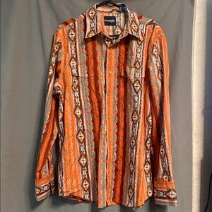 Wrangler Men’s Orange and Brown Long-Sleeve Button-Down Shirt